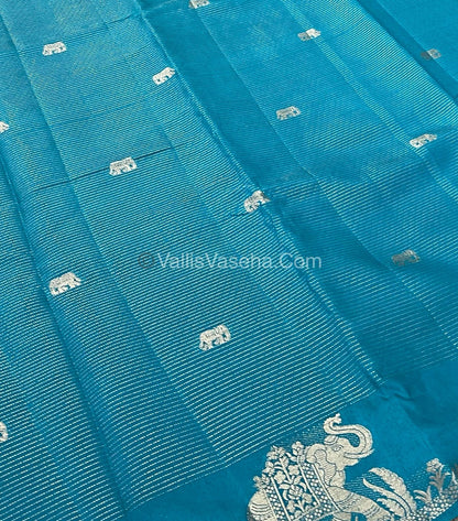 Semi Tussar Silk - Vairavoosi & Elephant Design - Ramar Blue Shade - VVSTS019