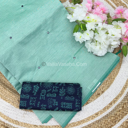 South Mixed Cotton - Mirror Work Embroidery - Light Pastel Green With Blue - VVPCM002