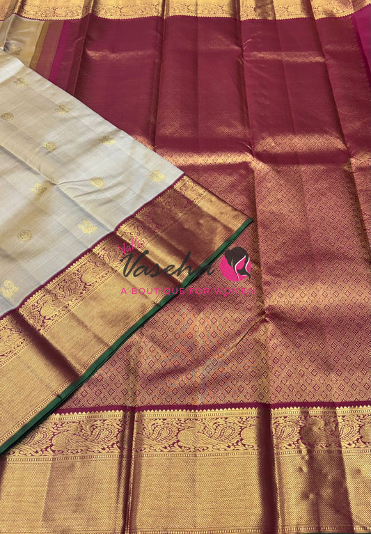 Pure Vintage Korvai Kanchipuram Silk Saree - Chikku & Maroon Combo - VVPS038