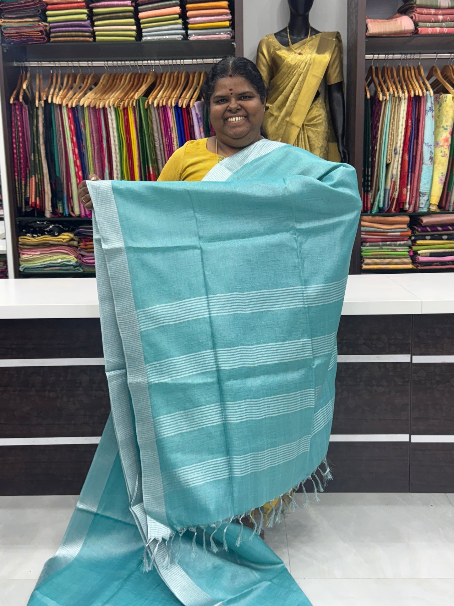 Tissue Linen Saree - Bluish Green - Double tone Shade - VVTLS001