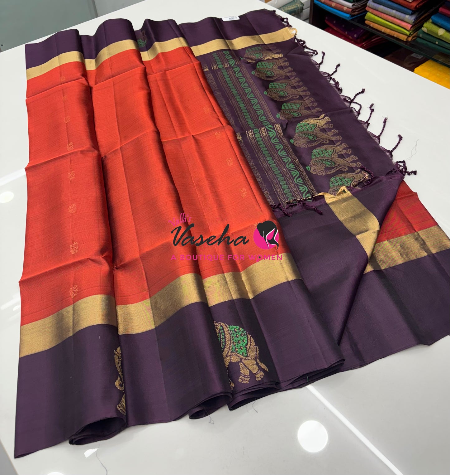 Half Mixed Soft Silk Saree - Rust Orange with Dark Purple - VVPSS028