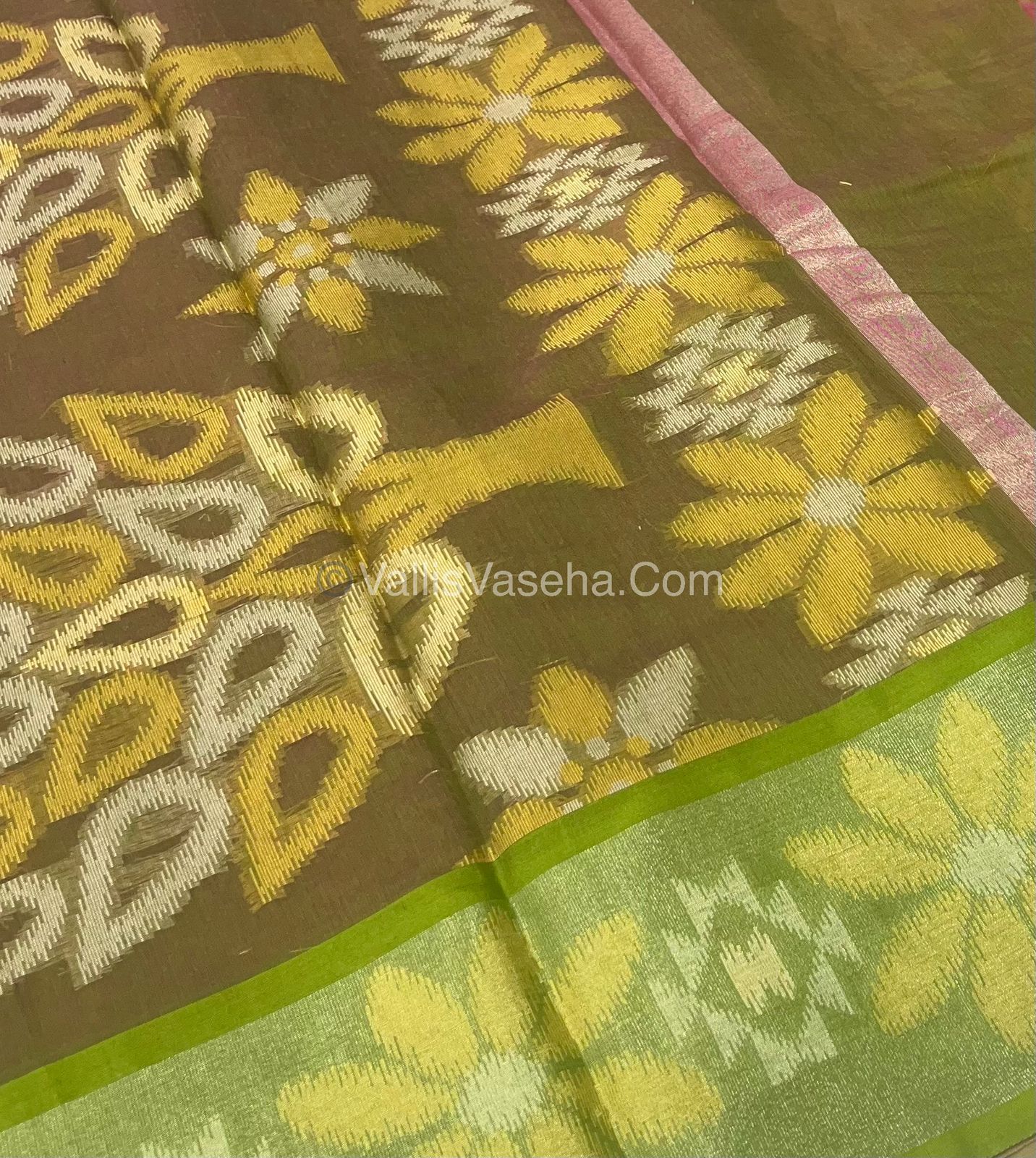 Banarasi Pochampally Weaving Semi Soft Cotton Saree - Pink with Green- VVBPS001