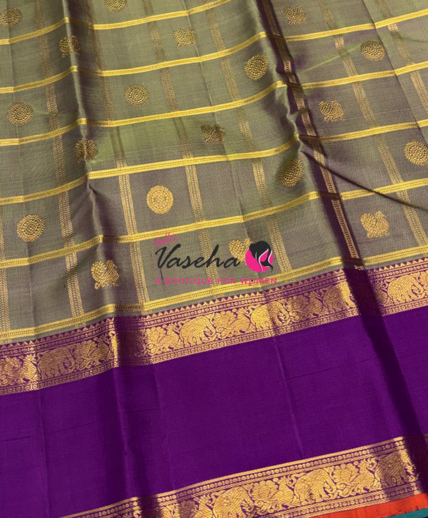 Pure Bridal Kanchipuram Silk Saree -  Dual Tone Green & Purple Combo - VVPS076