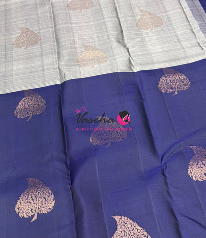 Pure Kanchipuram Silk Saree - Half & Half - Grey with Blue Shade - VVPS064
