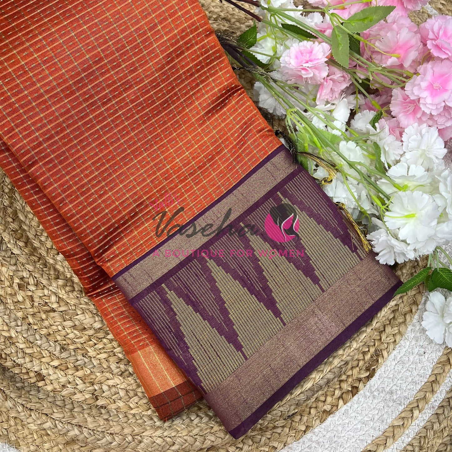 Semi Raw Silk - Lakshadeepam Design - Rust Orange With Dark Purple Shade - VVRS008