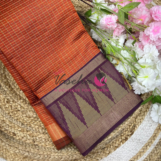 Semi Raw Silk - Lakshadeepam Design - Rust Orange With Dark Purple Shade - VVRS008