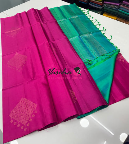Pure Soft Silk Saree - Border Less - Pink & Dual Tone Green Combo - VVPSS112