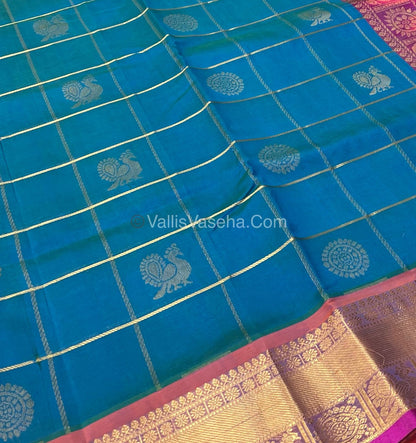 Pure Silk Cotton Saree - Mayil & Chakkaram Design - Blue With Peachish Pink - VVMC001