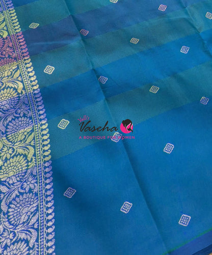 Semi Soft Silk  - Madras Checks Pattern - Peacock Blue Shade - VVSSS042