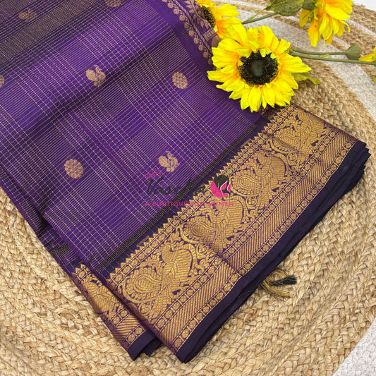 Pure Silk Cotton Saree - Vairavoosi checks - Mayil & Chakkaram - Purple Shade - VVMCV001