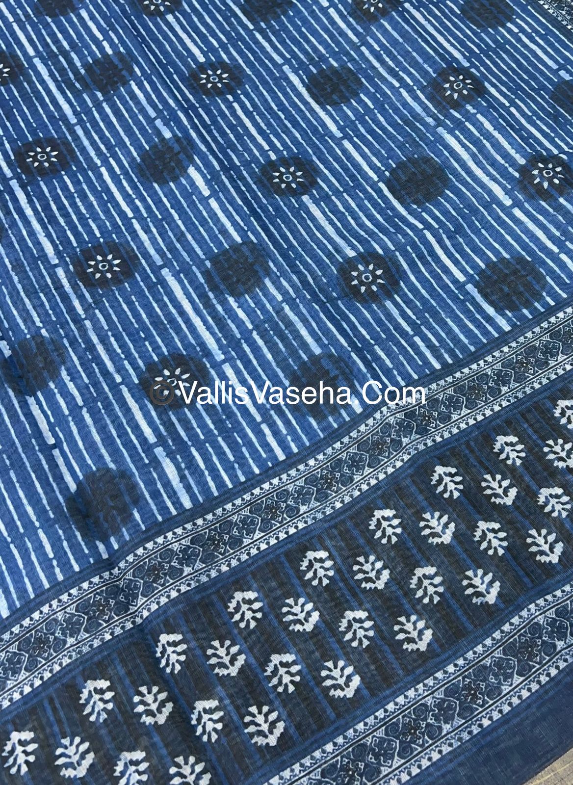 Linen Mixed Cotton Saree - Indigo Blue - Printed - VVLMP001