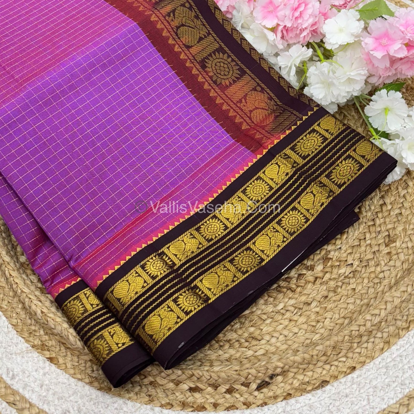 Pure Korvai Silk Cotton - Light Lavender with Brown  - Checks Pattern - VVKSC021