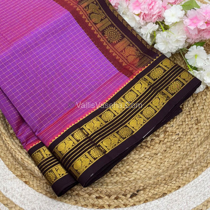 Pure Korvai Silk Cotton - Light Lavender with Brown  - Checks Pattern - VVKSC021