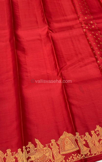 Pure Kanchipuram Silk Saree - Lakdhadeepam Butta with Self embossed Checks & Pallaku Design Self Border- Red shade  - VVPS006