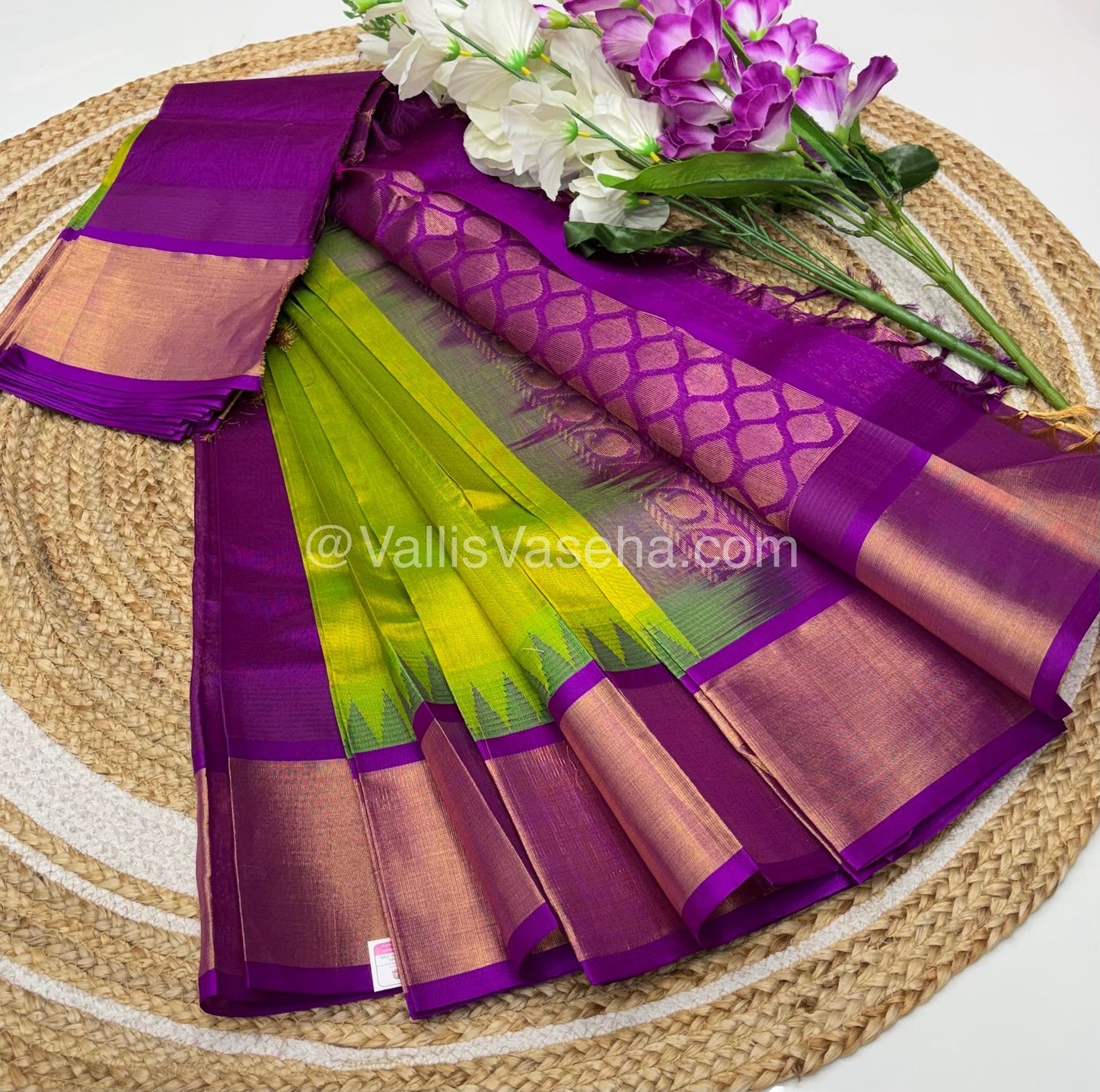 Pure Korvai Silk Cotton Saree - Sneha Green With Purplish Pink Shade Temple border - VVKSC001