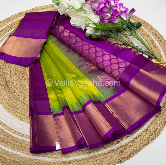 Pure Korvai Silk Cotton Saree - Sneha Green With Purplish Pink Shade Temple border - VVKSC001