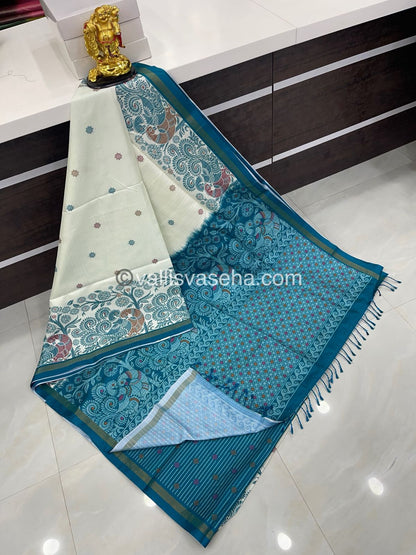 Semi Tussar / Semi Chappa Silk |Peacock Design | - Cream & Ramar Blue Combo - VVSTS018