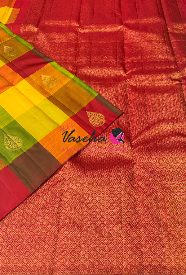 Pure Kanchipuram Silk Saree - Pazhum Pazhamum Checks - VVPS083