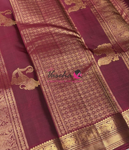 Pure Vintage Korvai Kanchipuram Silk Saree - Mango Yellow & Maroon Combo - VVPS046