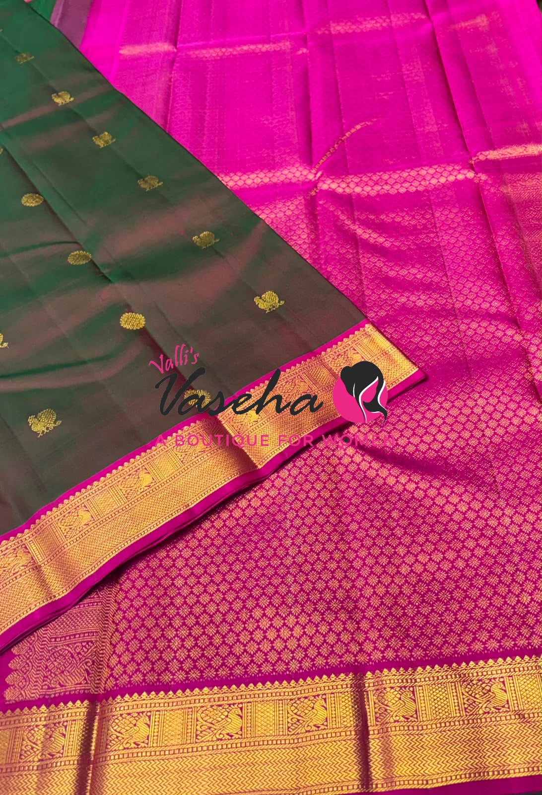 Pure Kanchipuram Silk Saree - Mandhulir Green & Pink Combo - VVPS025