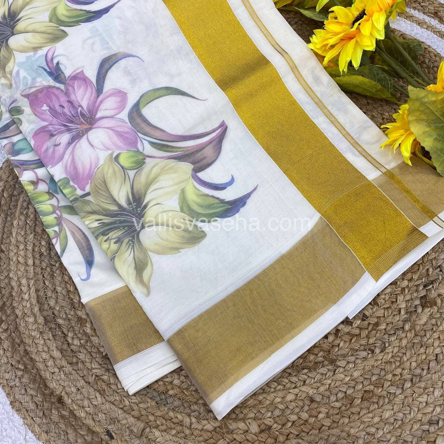 Kerala Cotton Saree - Cream With Golden Border - VVKCS001