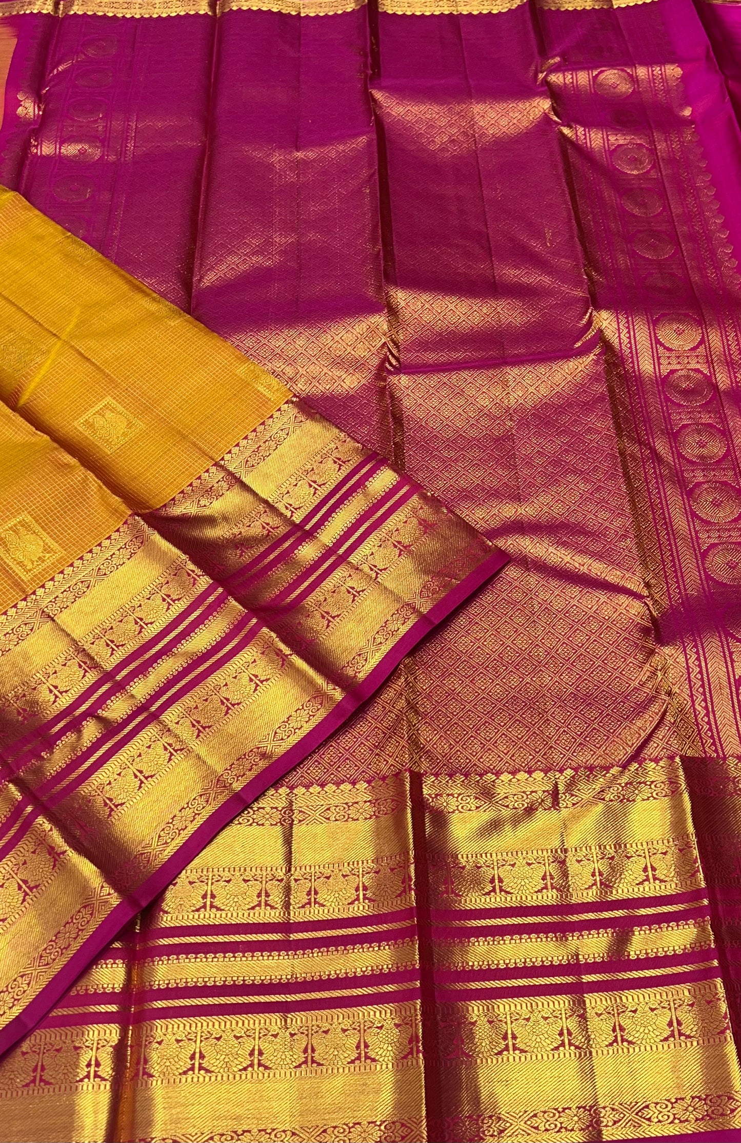 Pure Kanchipuram Silk Saree - Yellow With Rink Combo - VVPS012