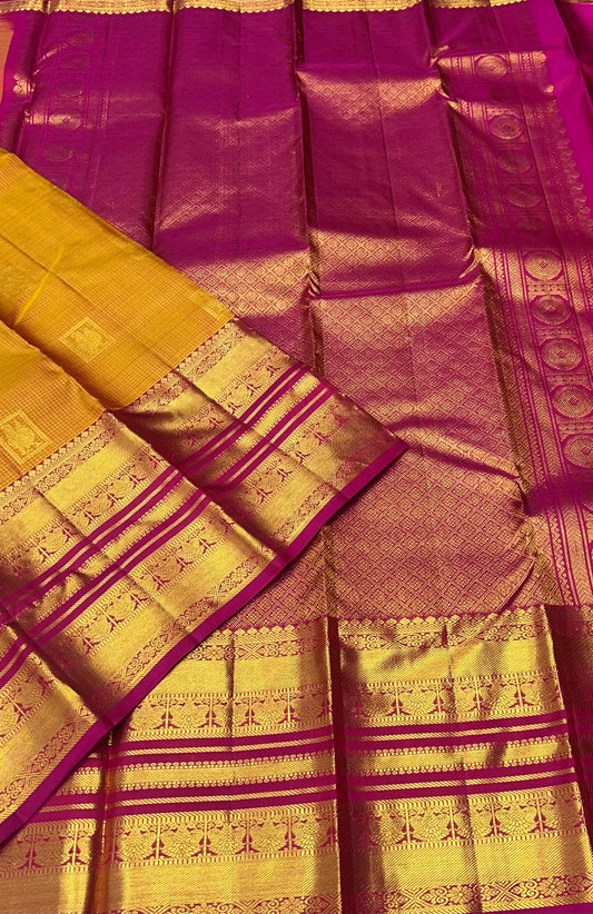 Pure Kanchipuram Silk Saree - Yellow With Rink Combo - VVPS012