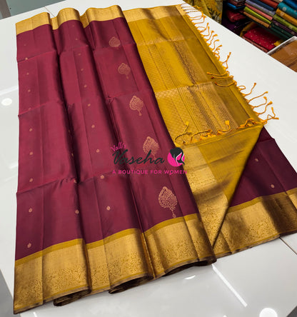 Pure Soft Silk Saree - Maroon With Mustard Yellow - Velum & Mayilum - Kanchi Border - VVPSS015