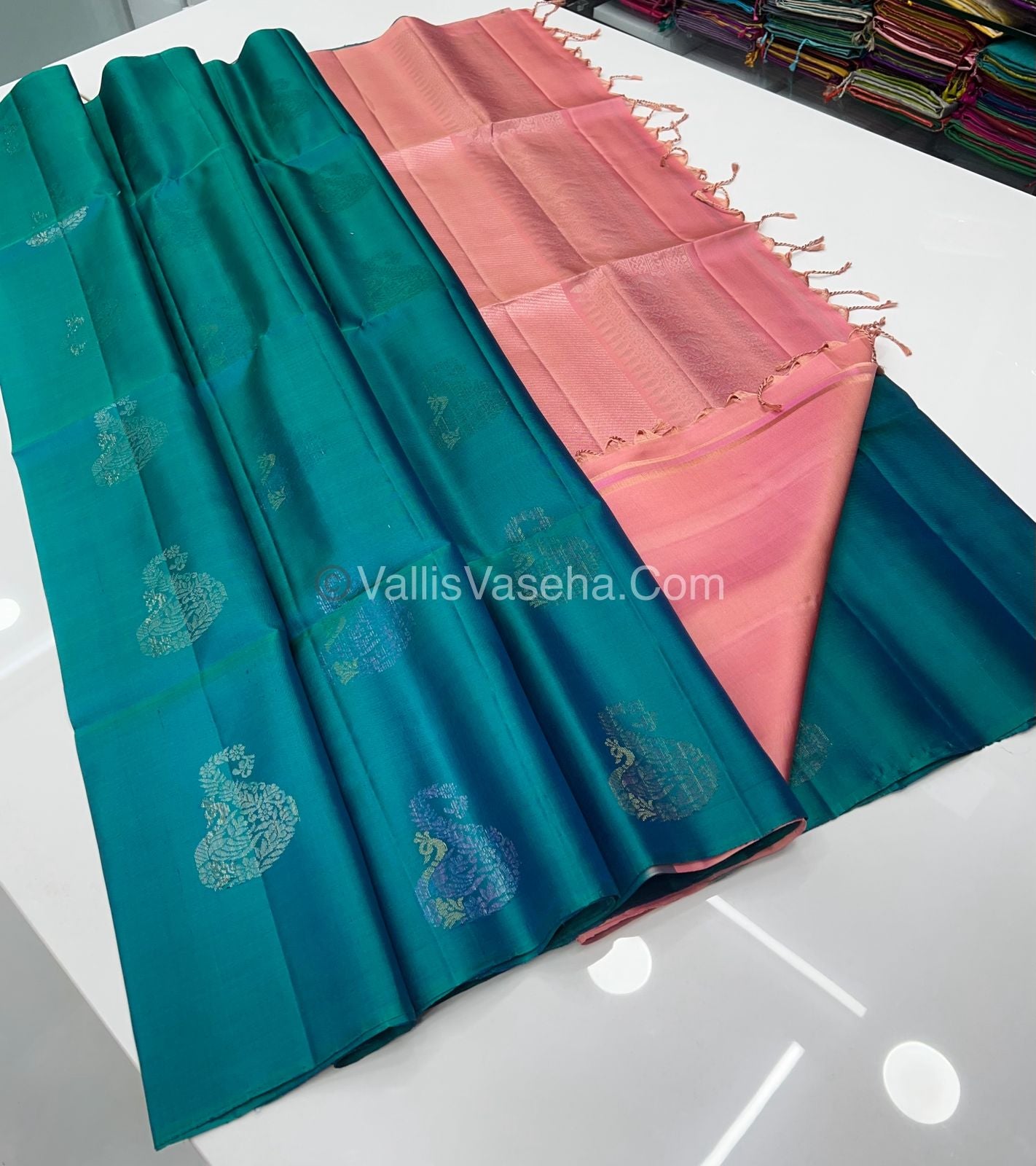 Pure Soft Silk Saree - Border Less  - Peacock Blue & Light Peach Combo - VVPSS055