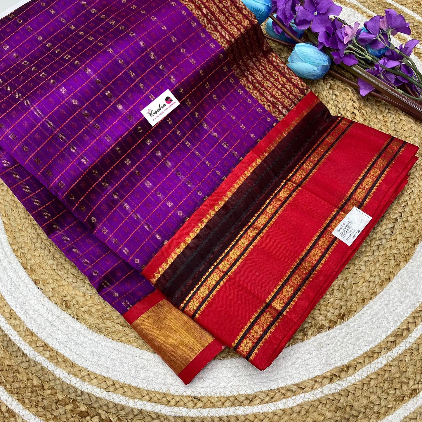 Pure Korvai Silk Cotton Saree - Purple with Red Combo -  Lakshadeepam Design VVKLD001