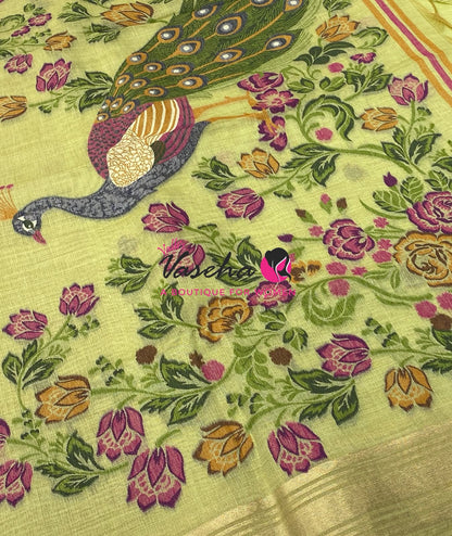 Muga Tissue Linen Saree - Green   Shade - VVMLT001
