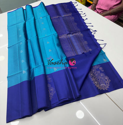 Pure Soft Silk Saree - (1.75 Warp) Shade Of Blue & Blue Combo - VVPSS064