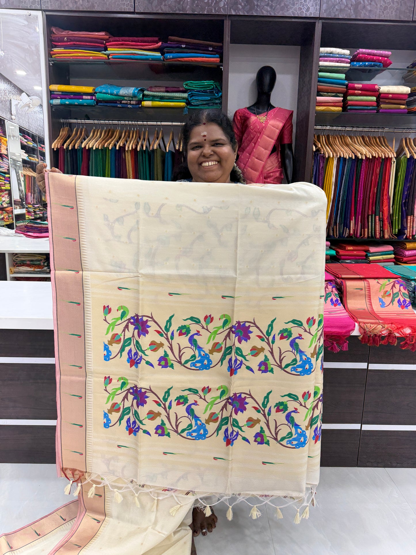 Semi Raw Silk - Paithani Design Weaving - Cream Shade - VVRS005