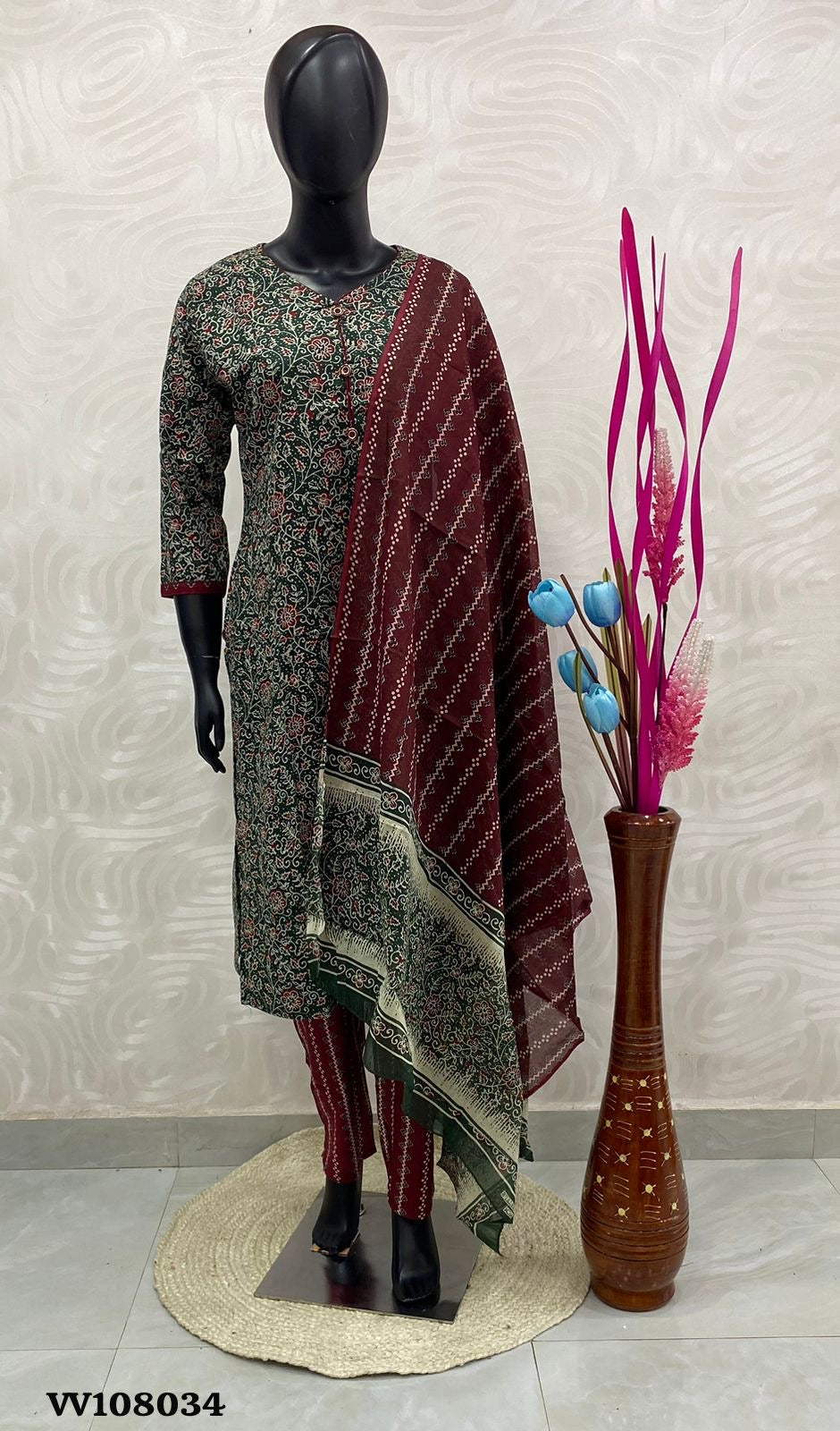 Ready Made - Salwar, Kameez & Duppatta(3pc) -Ajrakh Print - VV108034