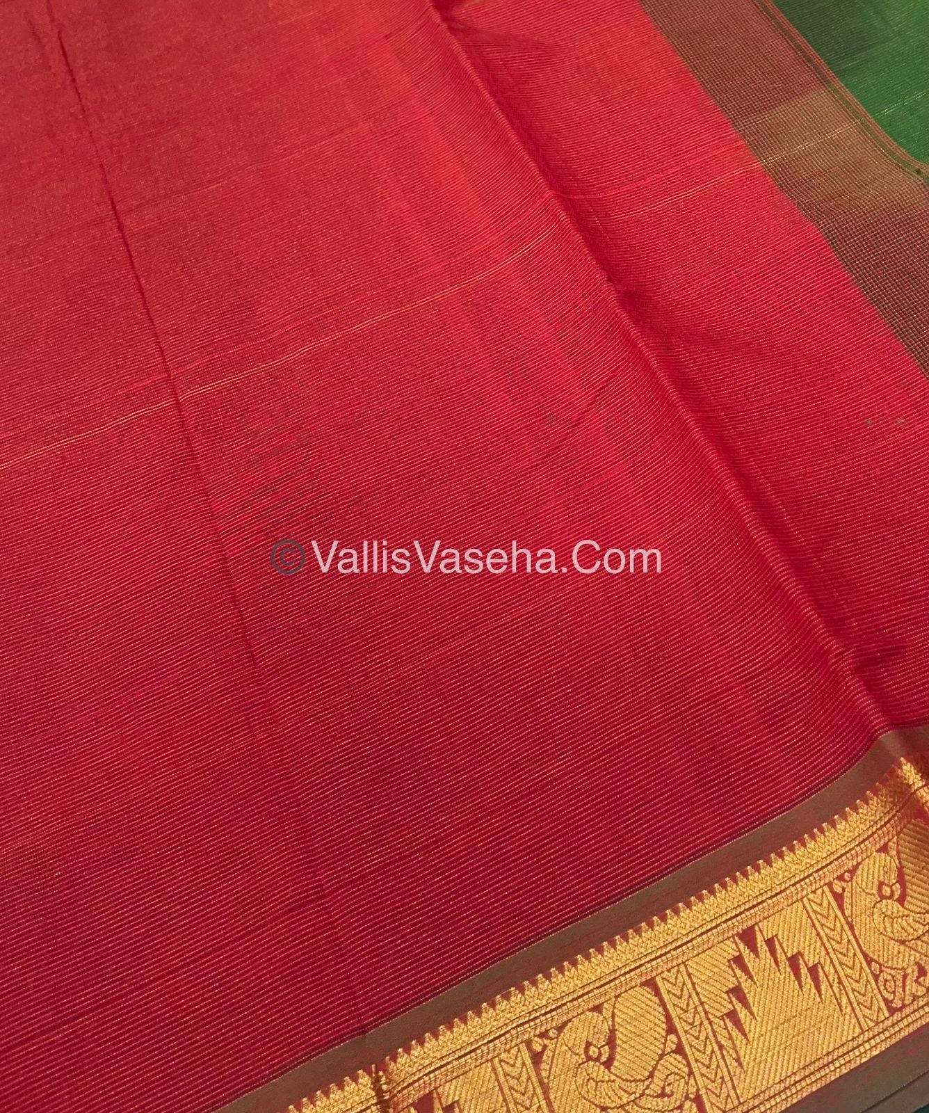 Semi Silk Cotton Saree - Red With Green  Shade - VVSSC008