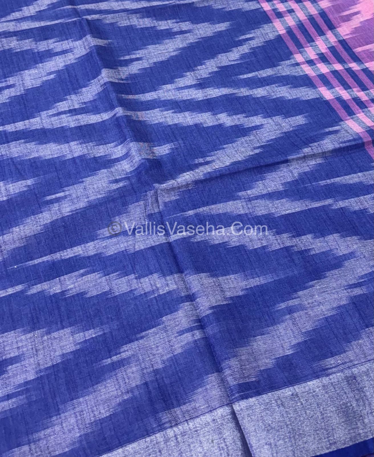 Bhagalpuri Linen Cotton Saree - Ikkat Print - Pink With Blue Shade - VVBLC002