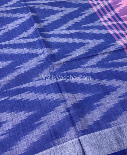 Bhagalpuri Linen Cotton Saree - Ikkat Print - Pink With Blue Shade - VVBLC002