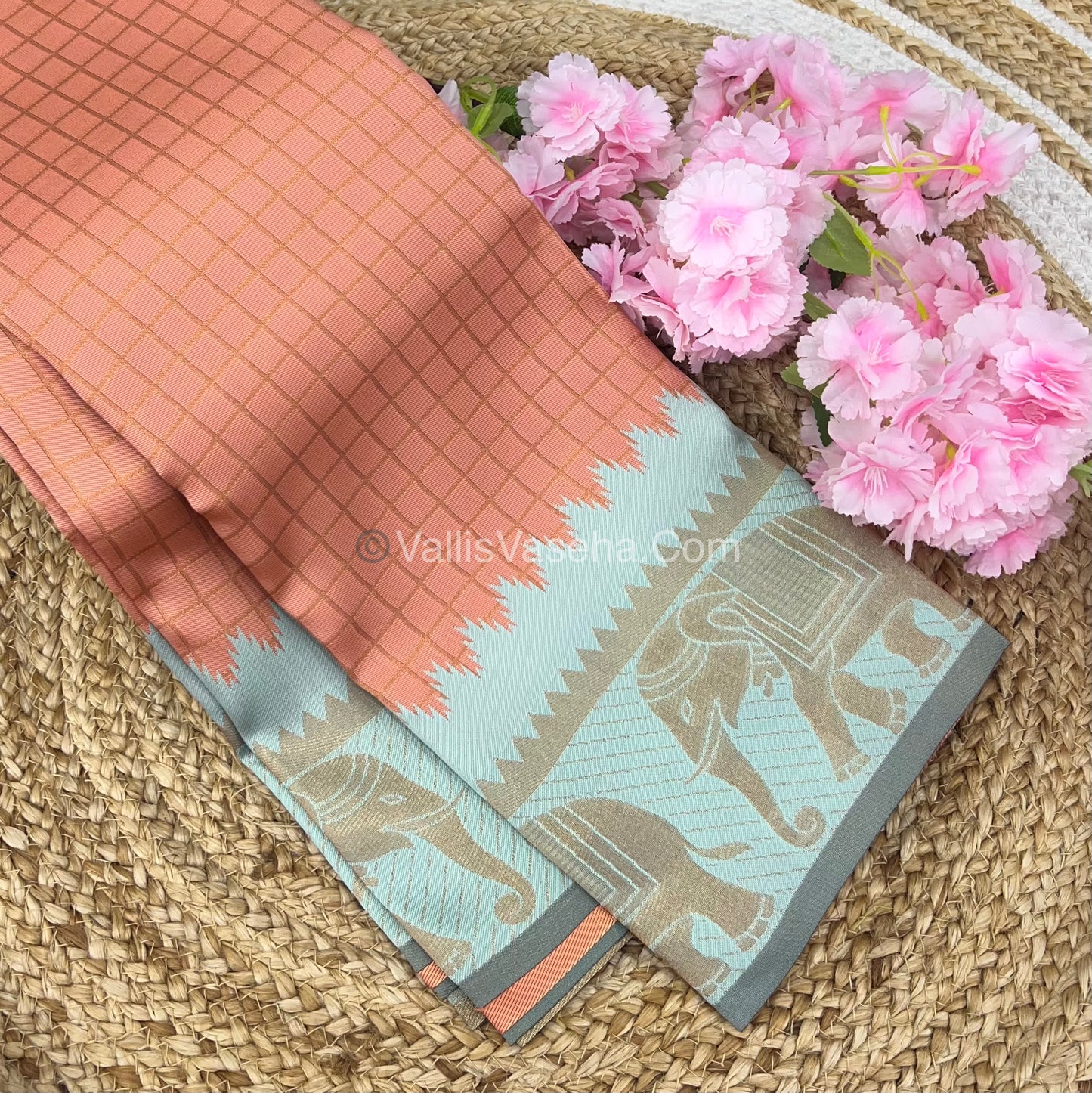 Semi Silk Saree - Kanchi Silk Style - Elephant Border - Light Peach with Light Blue  - VVSSS005