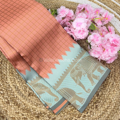 Semi Silk Saree - Kanchi Silk Style - Elephant Border - Light Peach with Light Blue  - VVSSS005