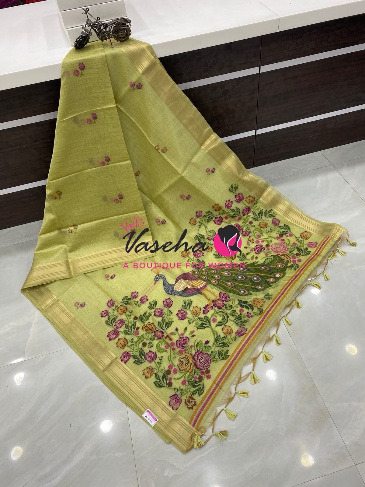Muga Tissue Linen Saree - Green   Shade - VVMLT001