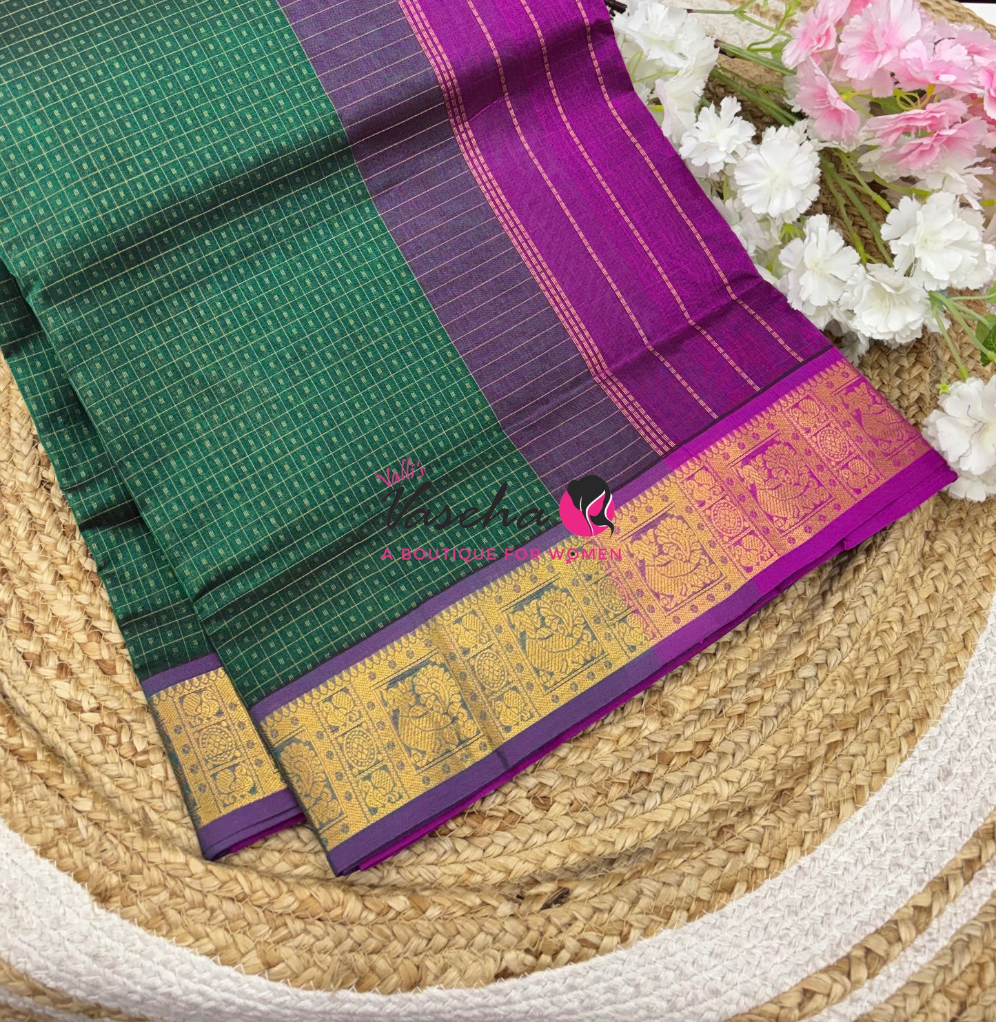 Pure Silk Cotton Saree - Dual Tone Green With Purple - Lakshadeepam Design - VVPLD004