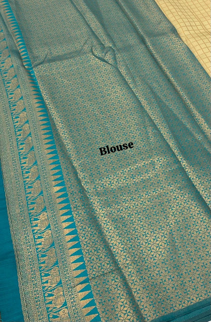 Semi Silk Saree - Kanchi Silk Style - Elephant Border - Cream ( Chikku) with Ramar Bluish Green - VVSSS005