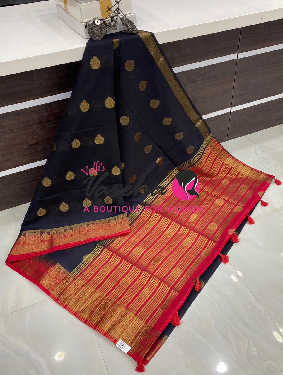 Semi Jute Silk Saree - Black With Red Shade- VVSJS002