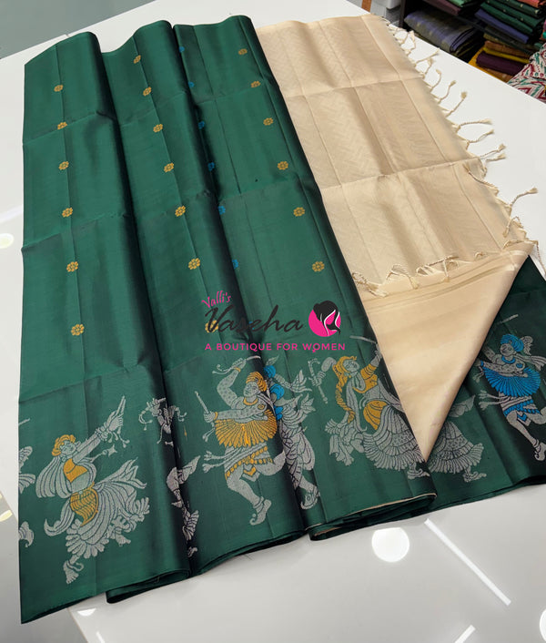Pure Soft Silk Saree  - Green With Cream Combo - VVPSS139