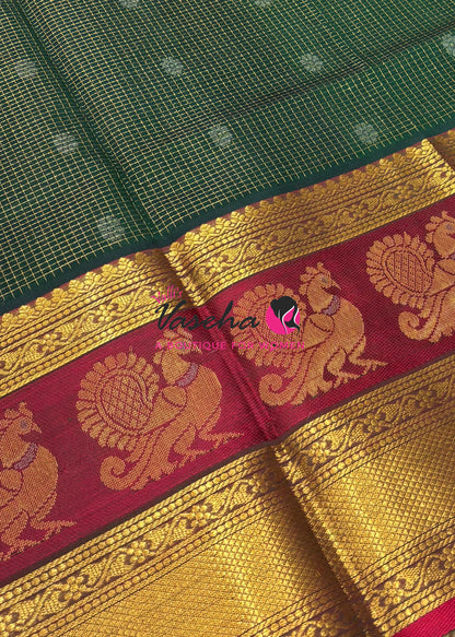 Pure Korvai Silk Cotton - Checks Pattern - Green With Red Shade  - VVKSC034