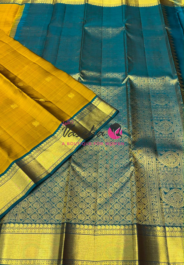 Pure Kanchipuram Silk Saree - Vendhaya Yellow & Ramar Blueish Green Shade  - VVPS057