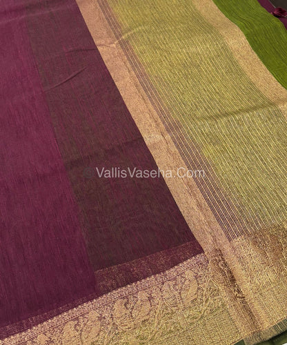 Bamboo Silk Saree - Wine With Green Shade - VVBSS005