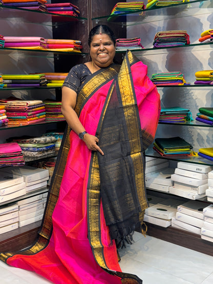 Pure Korvai Silk Cotton - Peachish Pink with Black Combo - VVKSC007