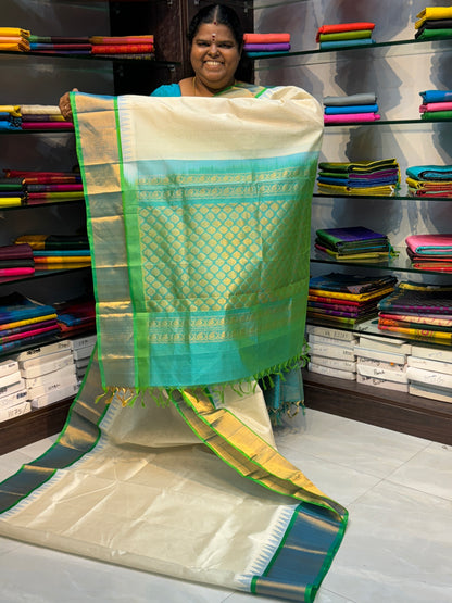 Pure Korvai Silk Cotton Saree - Half white with Turquoise Greenish Blue Combo - Temple border - VVKSC001