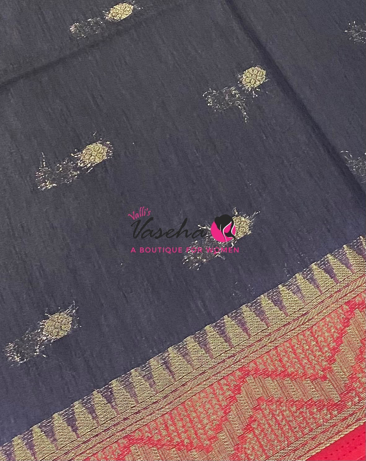 Semi Jute Silk Saree - Black With Red Shade- VVSJS002